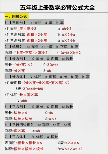 《五上数学必背公式大全》-可达学习资料