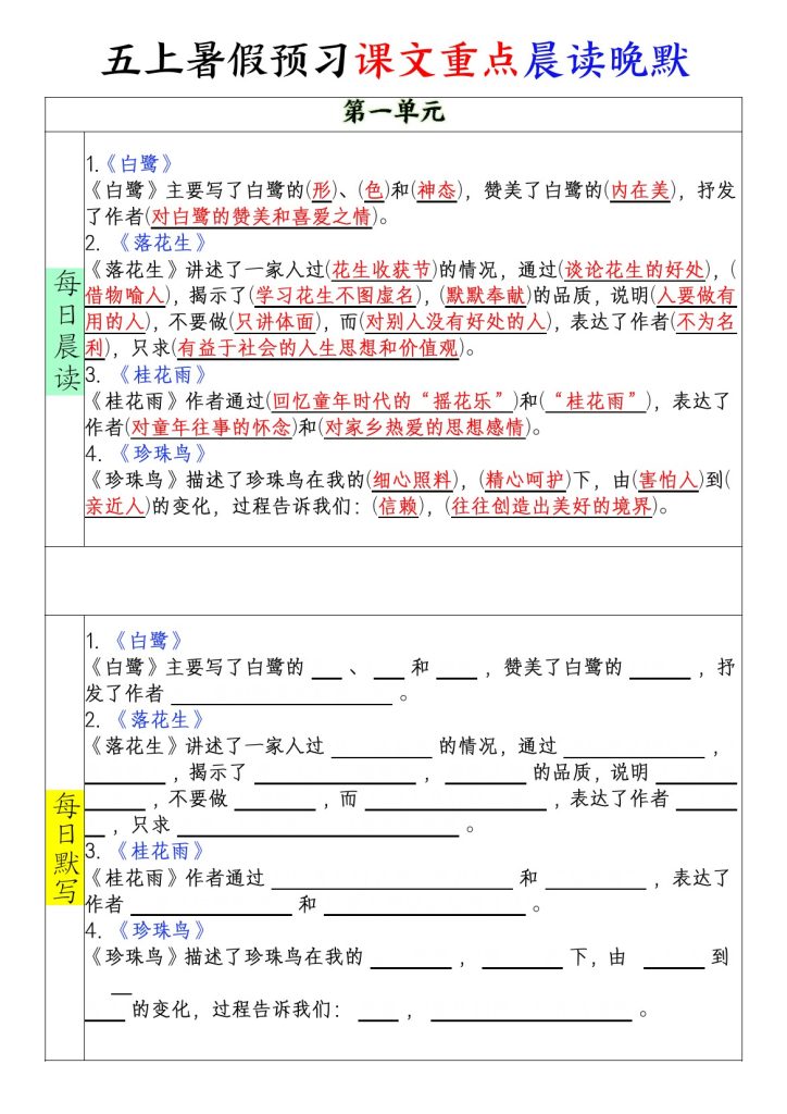五上暑假预习课文重点晨读晚默-可达学习资料