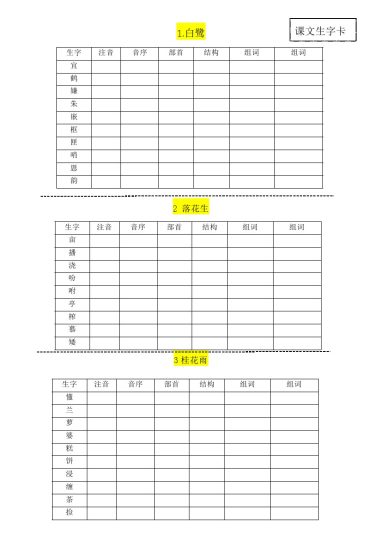 五（上）语文 每一课生字卡-可达学习资料