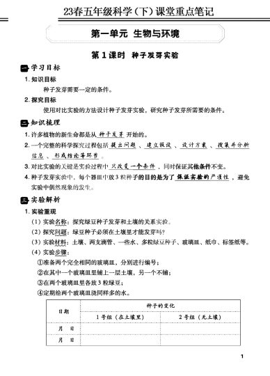 _春五年级科学（下）课堂重点笔记-可达学习资料