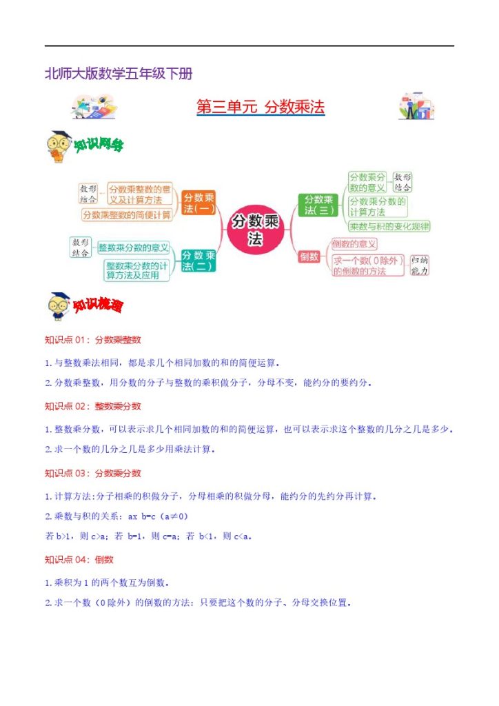 【北师大数学知识点】第三单元  分数乘法（知识清单)–学年数学五年级下册单元速记·巧练（北师大版）-可达学习资料
