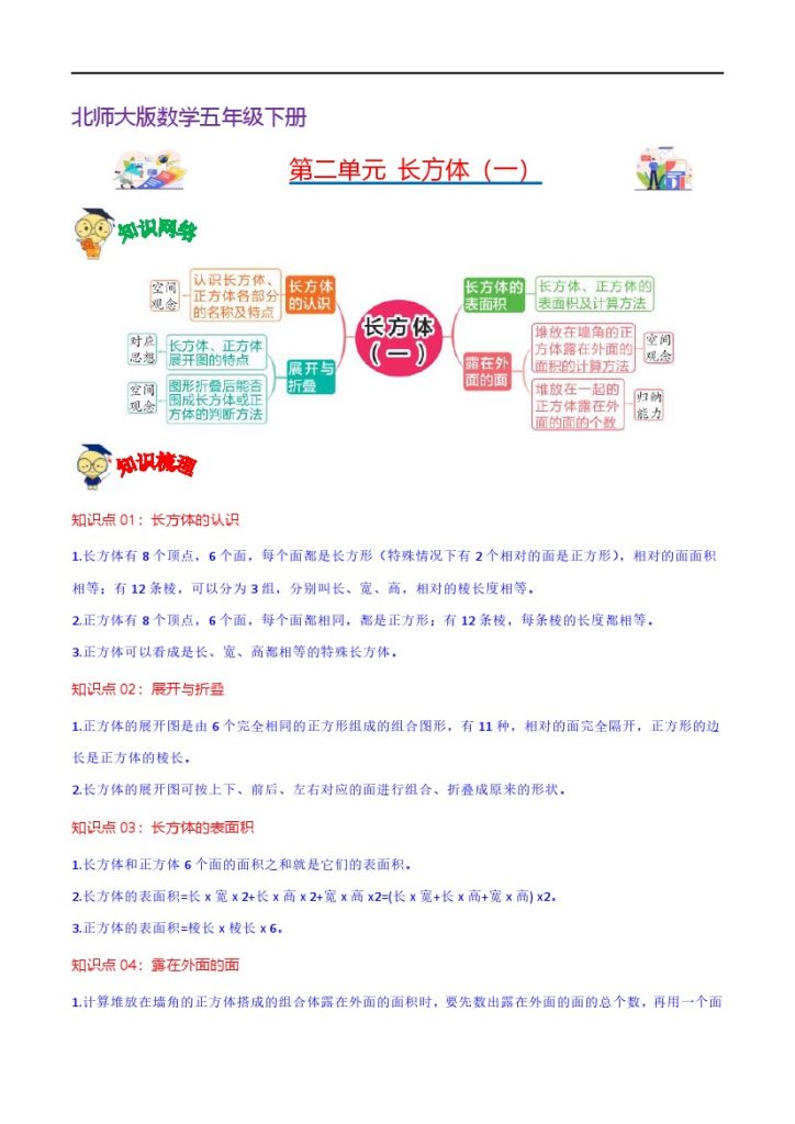 【北师大数学知识点】第二单元  长方体（一）（知识清单)–学年数学五年级下册单元速记·巧练（北师大版）-可达学习资料