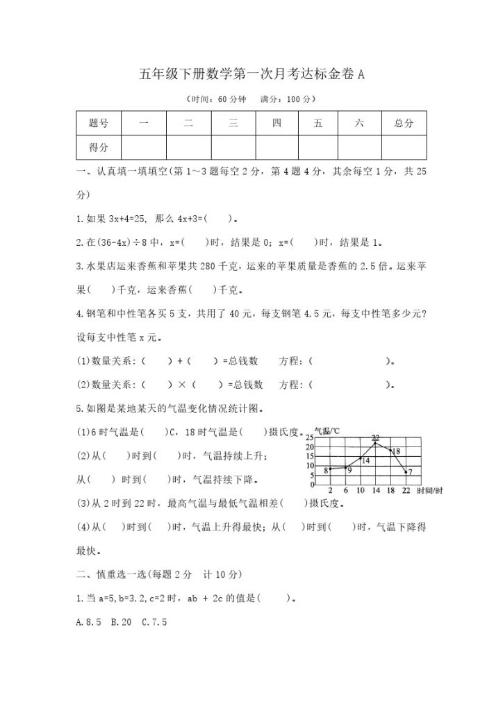 【精品】五年级下册数学第一次月考达标金卷A   （苏教版2014秋，含答案）-可达学习资料