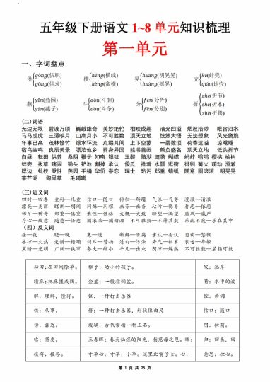 【5-9】【语文】五年级下册语文1~8单元知识梳理_-可达学习资料