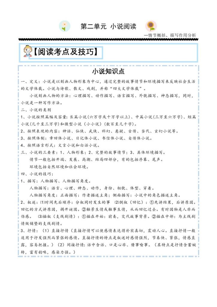 【主题阅读专项】第二单元：小说之描写概括-五年级语文下册（部编版）-可达学习资料