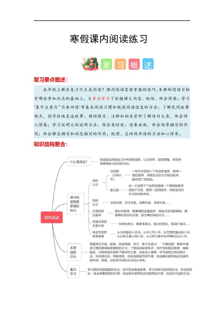 【寒假语文课内阅读】–学年五年级语文寒假专项提升（统编版）-可达学习资料