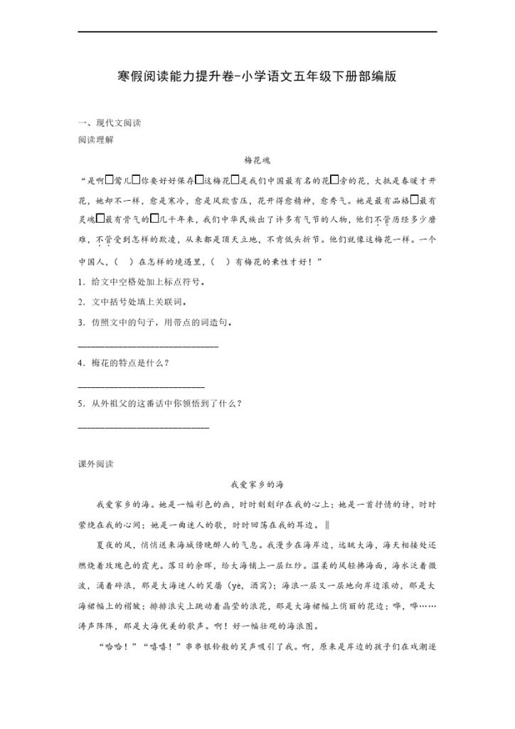 【寒假语文阅读】能力提升卷2–语文五年级下册（部编版）-可达学习资料