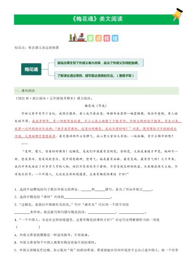 五（下）语文：第4课《梅花魂》课文类文阅读理解（部编版）-可达学习资料