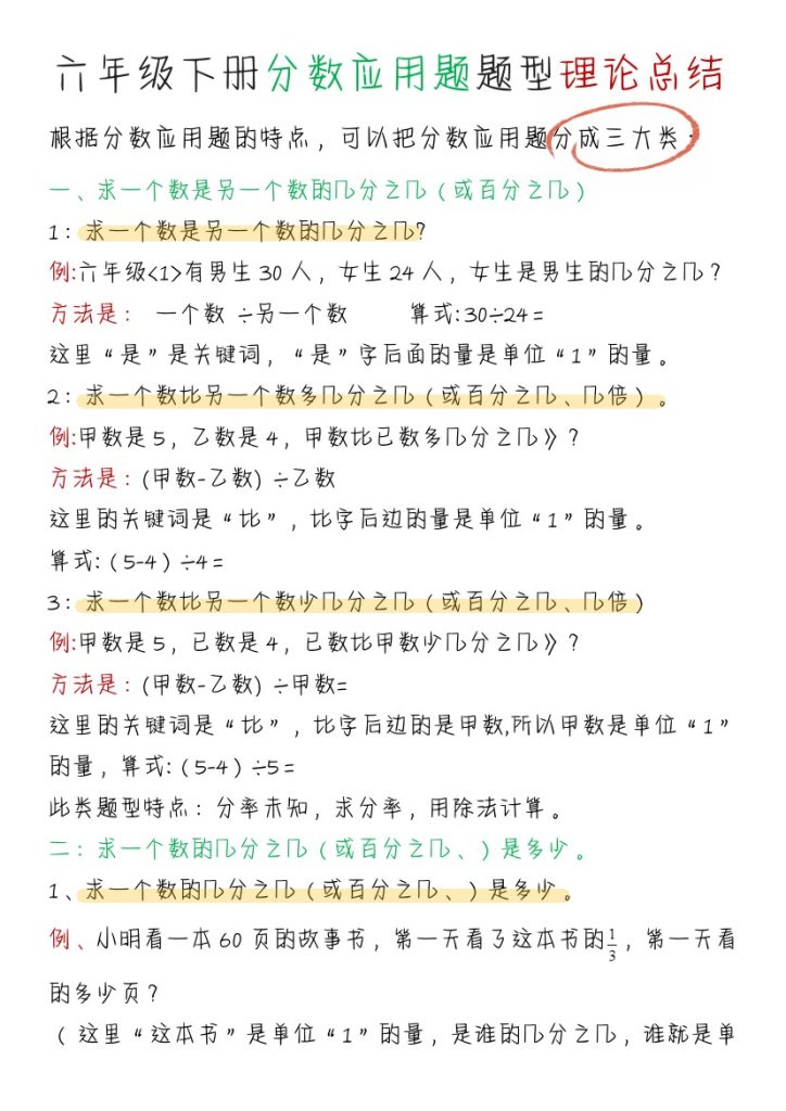 《分数应用题题型理论总结》六下数学【北师版】-可达学习资料