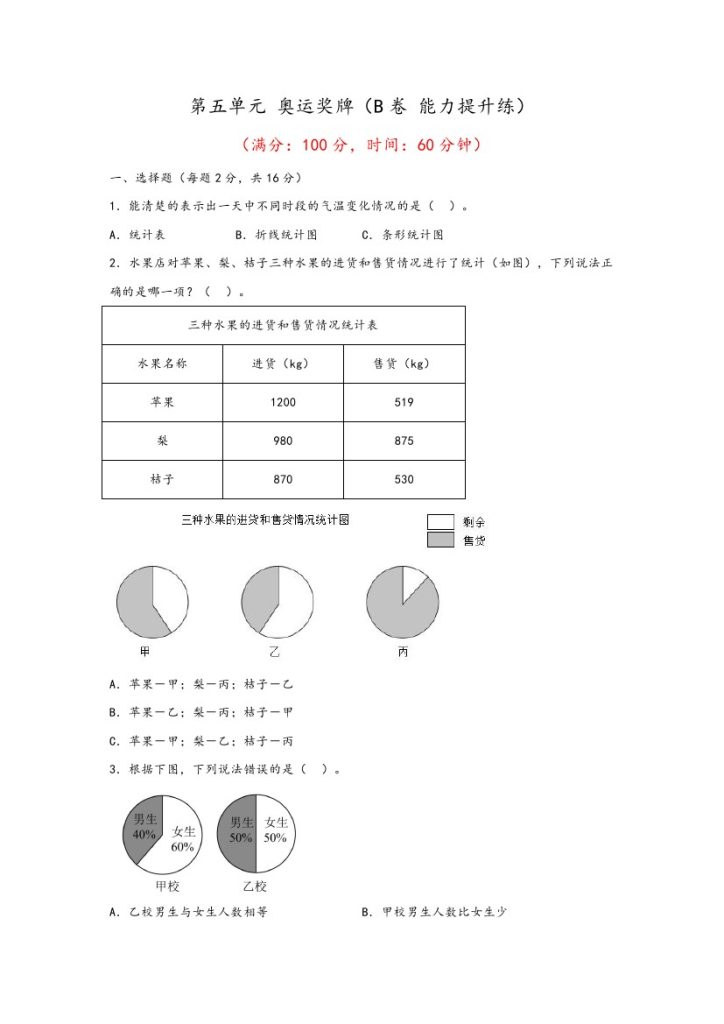 【青岛数学单元检测】第五单元 奥运奖牌（B卷 能力提升练）–年六年级下册数学单元AB卷（青岛版，六三制）-可达学习资料