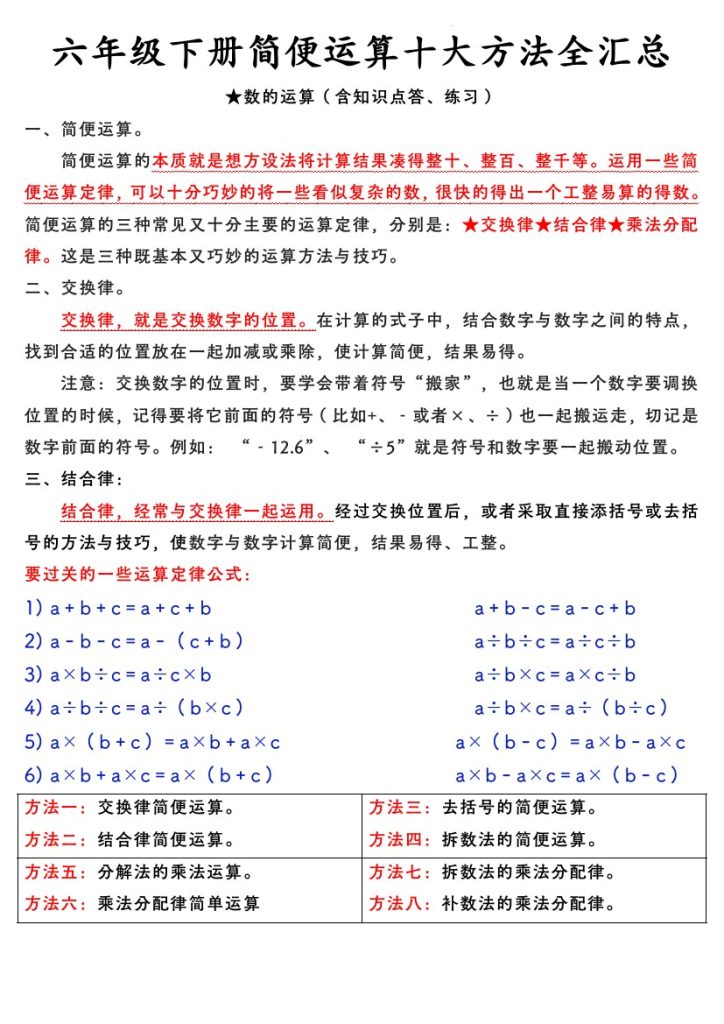 【简便运算十大方法全汇总】六下数学-可达学习资料