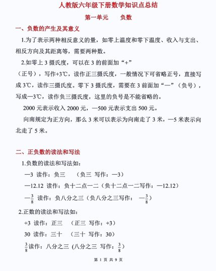 六年级下册数学单元知识点-可达学习资料