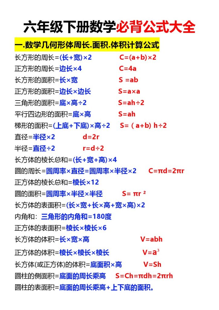 六年级下册数学必背公式大全-可达学习资料