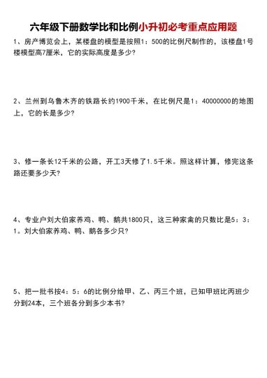 六年级下册数学比和比例必考重点应用题-可达学习资料