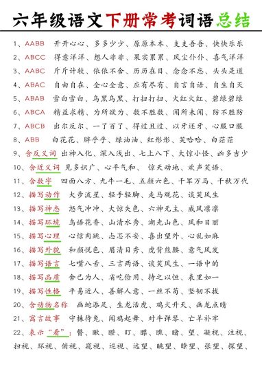 《常考词语总结》六下语文-可达学习资料