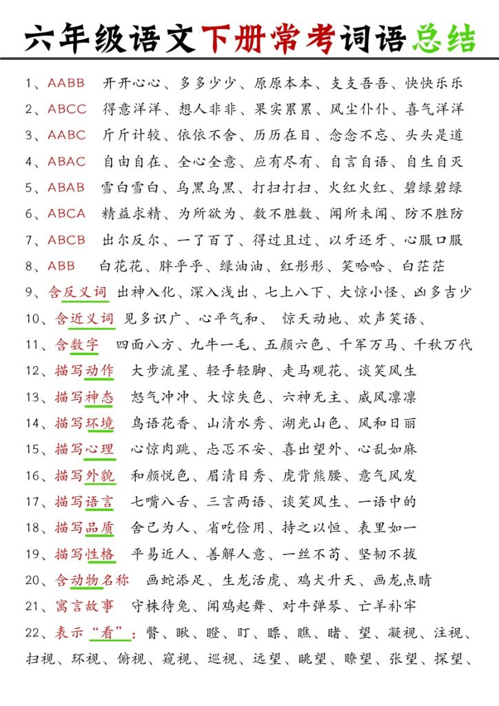 《常考词语总结》六下语文-可达学习资料