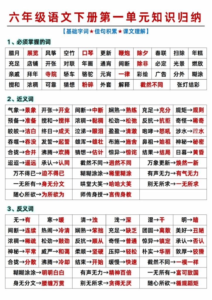 【第一单元知识归纳】六下语文-可达学习资料