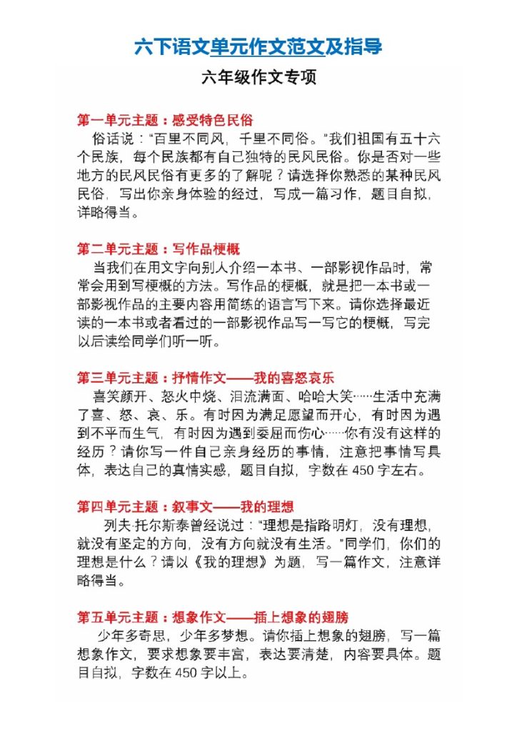 6年级下册语文作文专项练习(含范文)-可达学习资料