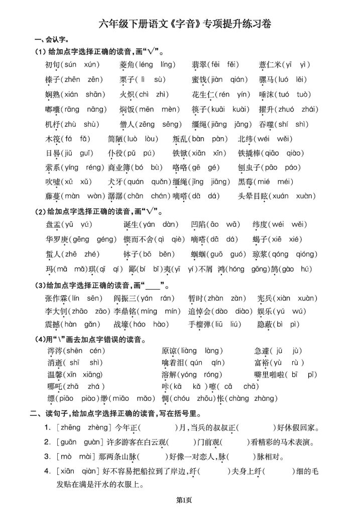 【更】六年级下册语文《字音》专项提升练习卷-可达学习资料