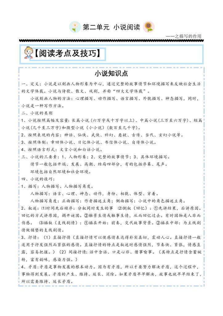 【主题阅读技巧】第二单元：小说之描写篇-六年级语文下册-可达学习资料