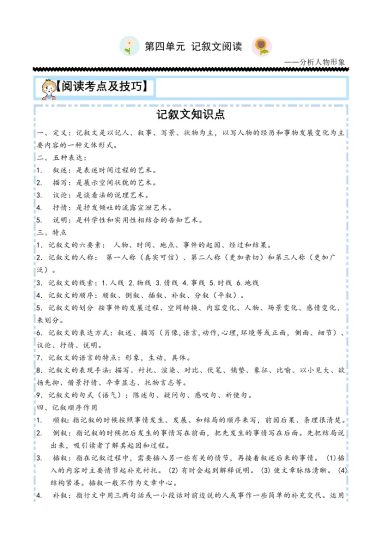 【主题阅读技巧】第四单元：记叙文之人物形象-六年级语文下册-可达学习资料