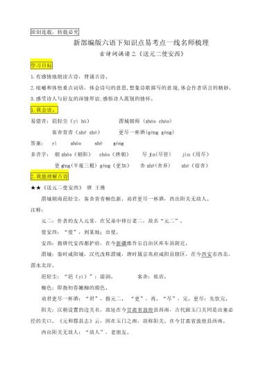 六（下）语文：古诗词诵读2.《送元二使安西》知识点易考点名师梳理-可达学习资料