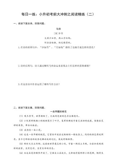 每日一练：小升初考前大冲刺之阅读精练（二）（有答案）-可达学习资料