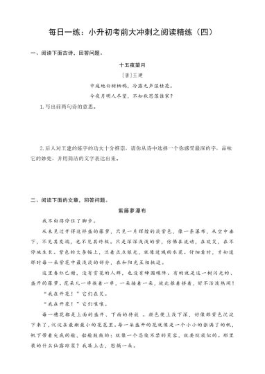 每日一练：小升初考前大冲刺之阅读精练（四）（有答案）-可达学习资料