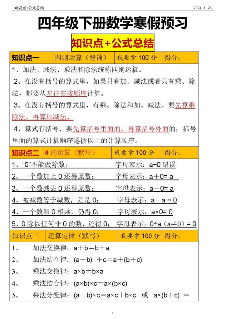 【数学知识点】人教版小学四年级下册数学知识点总结-可达学习资料