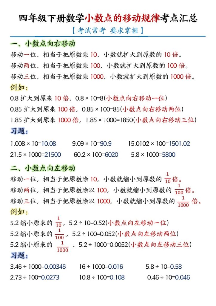 【小数点的移动规律和易错重点专项】四下数学-可达学习资料