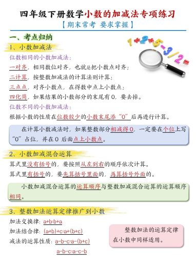 【小数的加减法专项练习-空白】四下数学-可达学习资料