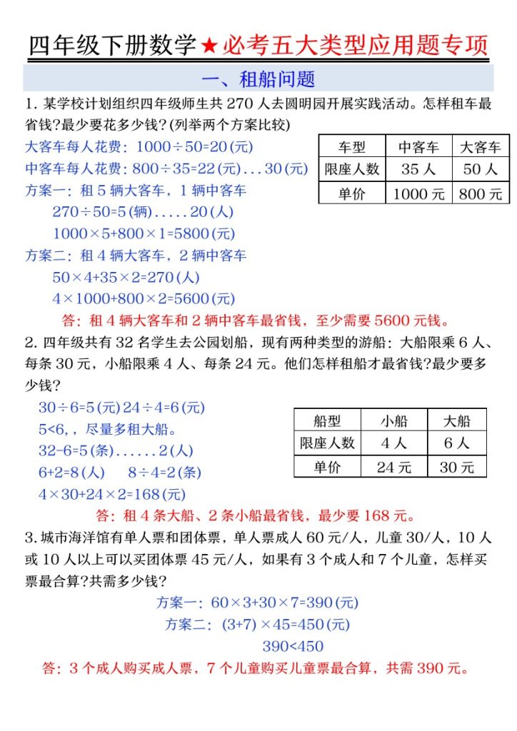 【期末必考五大类型应用题-答案】四下数学-可达学习资料