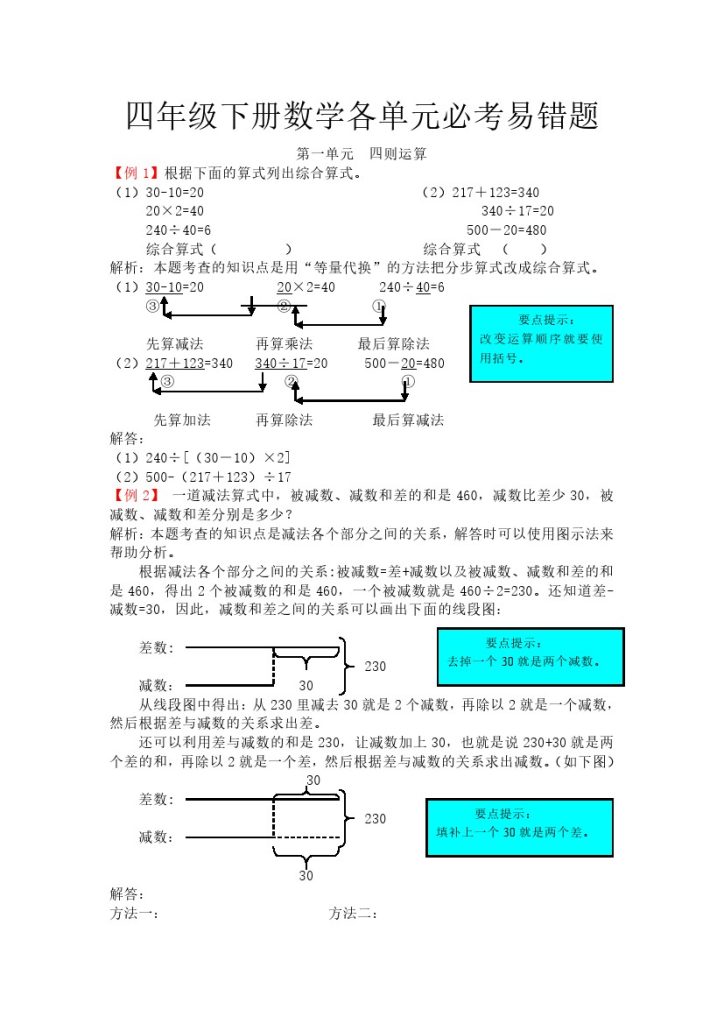 四年级下册数学各单元必考易错题-可达学习资料