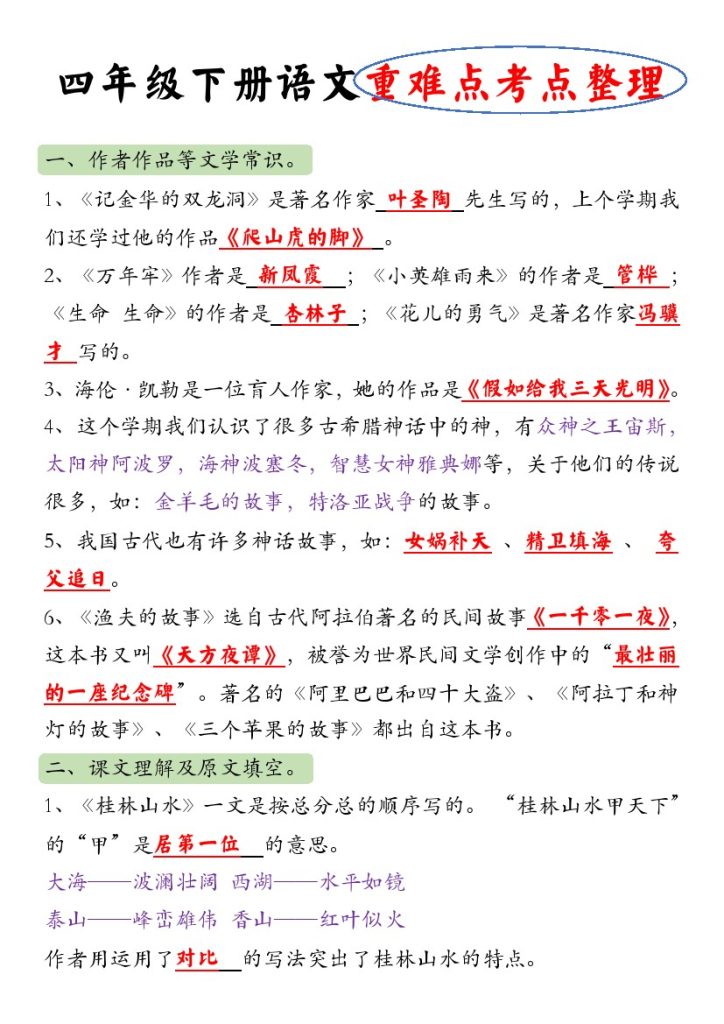 《四（下）语文：语文考点整理》-可达学习资料
