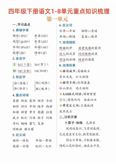 【1-8单元重点知识梳理】四下语文-可达学习资料
