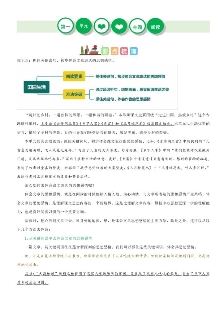 【单元主题阅读】第一单元（知识梳理+精选阅读）–学年四年级语文下册单元主题阅读理解（部编版）-可达学习资料