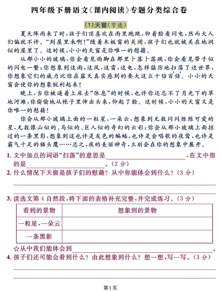 四年级下册《课内阅读》常考核心选文练习卷，期末压轴提分用-可达学习资料