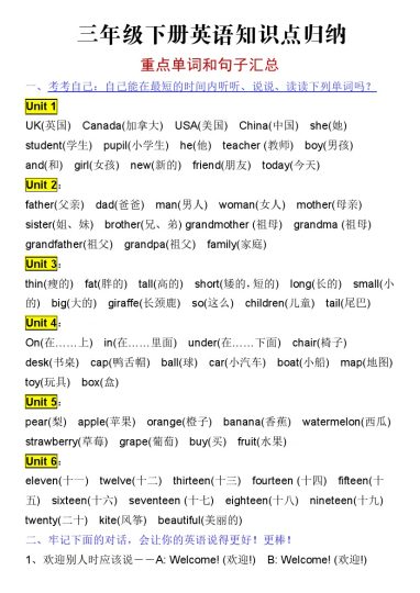 【知识点归纳 重点词汇和句子汇总】三下英语 人教PEP版-可达学习资料