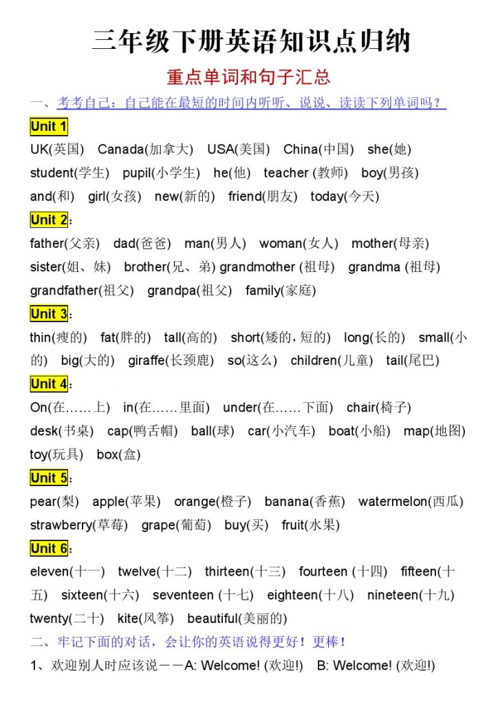 【知识点归纳 重点词汇和句子汇总】三下英语 人教PEP版-可达学习资料
