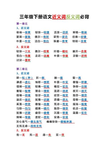 _三年级下册近反义词汇总【背诵版】-可达学习资料