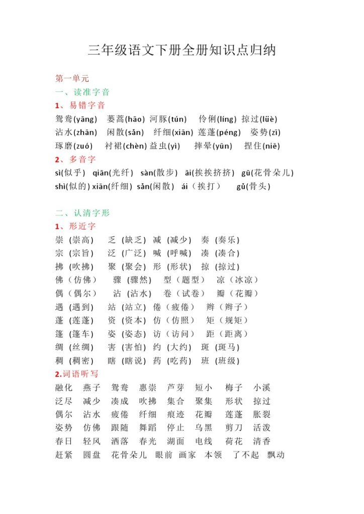 _三年级语文下册全册知识点归纳-可达学习资料