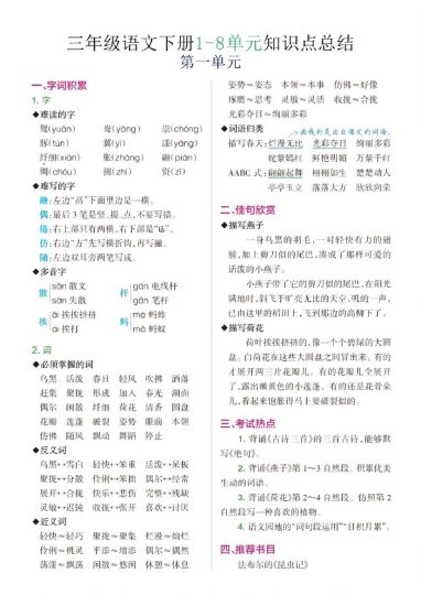 三下语文1-8单元重难点知识汇总-可达学习资料
