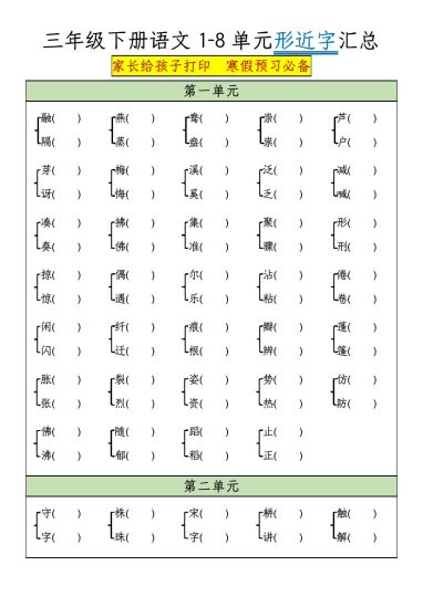 三年级下册语文1-5单元形近字汇总-空白版-可达学习资料