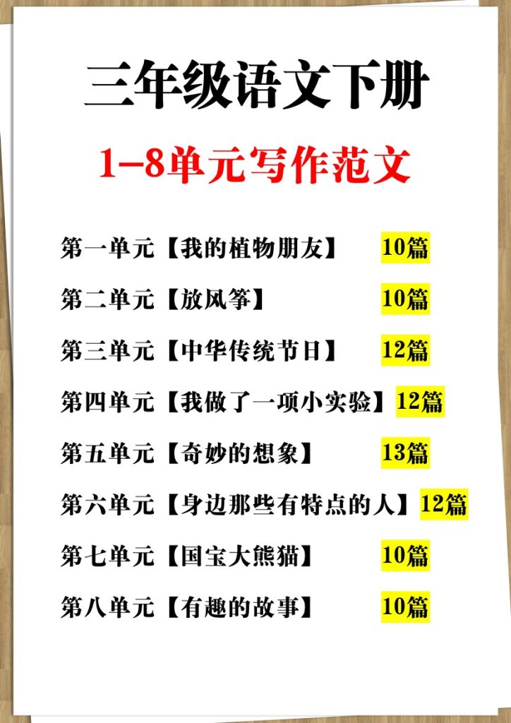 【1-8单元习作范文2】三下语文-可达学习资料