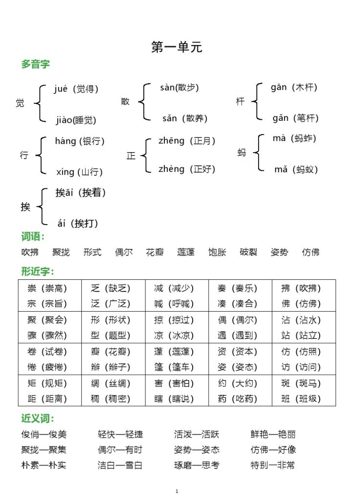 【词语、多音字、形近字、近反义词汇总】三下语文1-4单元-可达学习资料
