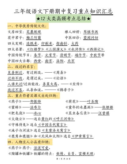 【期中复习重点知识汇总-12大高频考点】三下语文-可达学习资料