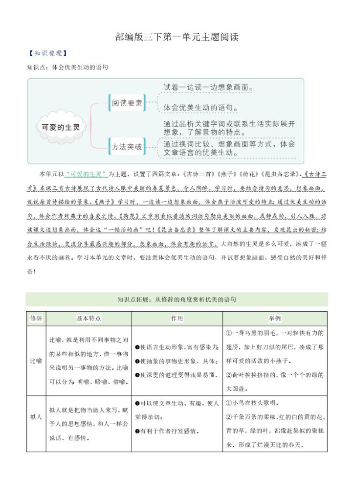 【主题阅读专项】第一单元（知识梳理+精选阅读）三年级语文下册 部编版-可达学习资料