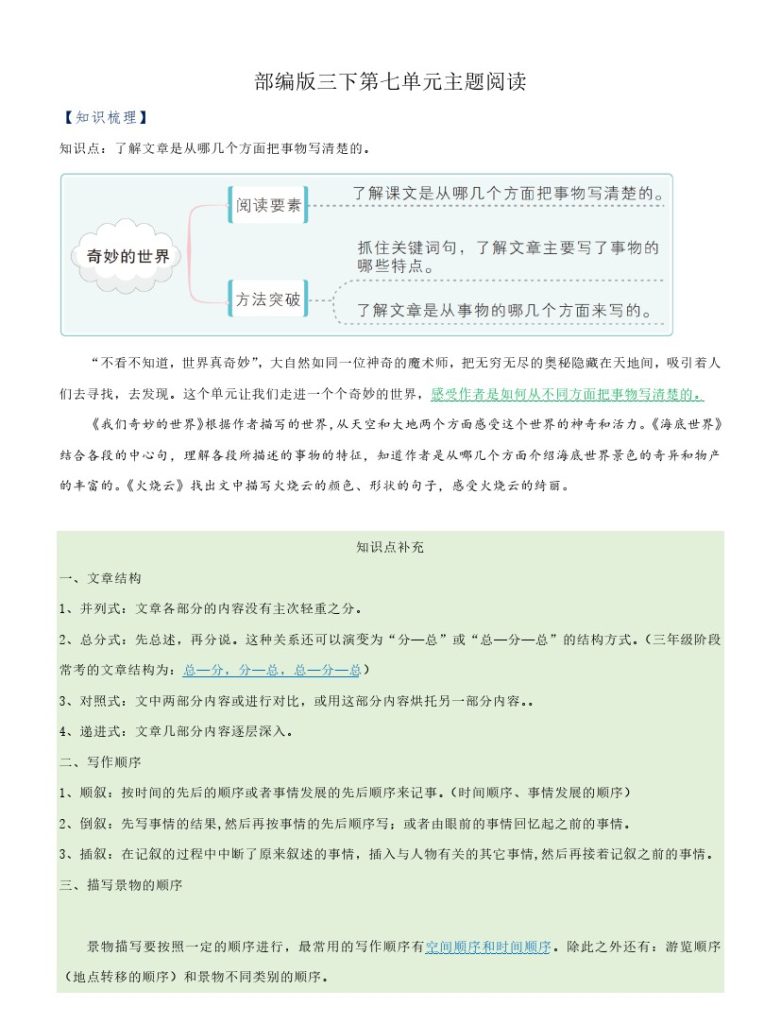 【主题阅读专项】第七单元（知识梳理+精选阅读）三年级语文下册 部编版-可达学习资料