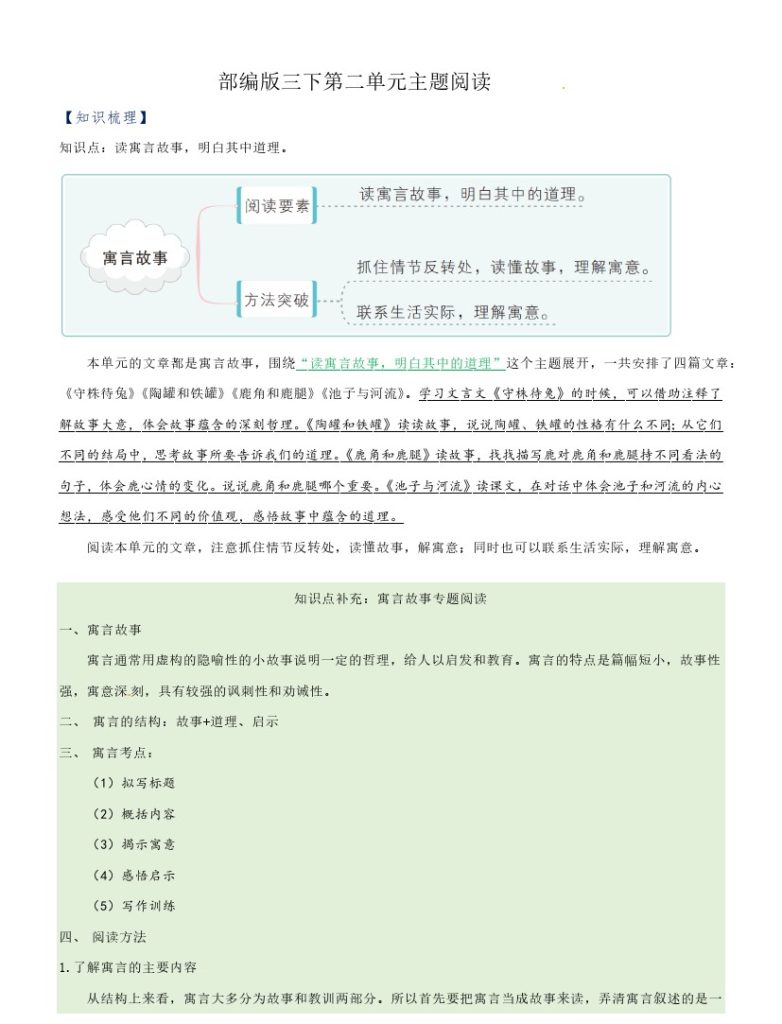 【主题阅读专项】第二单元（知识梳理+精选阅读）三年级语文下册 部编版-可达学习资料