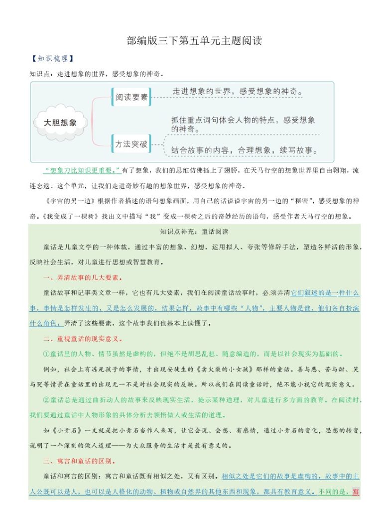 【主题阅读专项】第五单元（知识梳理+精选阅读）三年级语文下册 部编版-可达学习资料